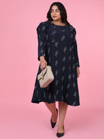 Women Floral Navy Blue Fit and Flare Dress-8I-7124-Navyblue