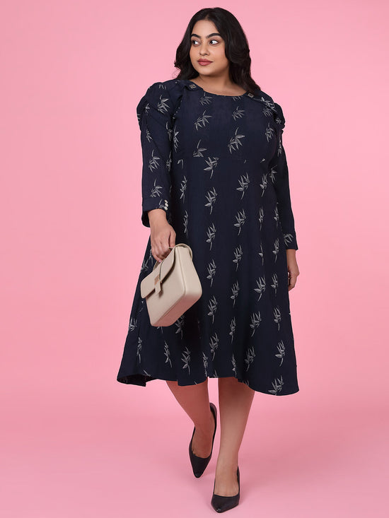 Women Floral Navy Blue Fit and Flare Dress-8I-7124-Navyblue