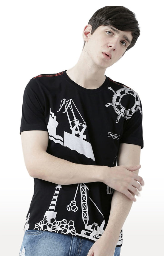 Huetrap Black Mens Short Sleeve Graphic Printed Tshirt-HT17MKGRABLK00763