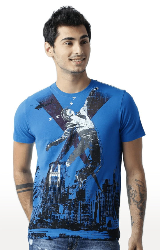 Huetrap Blue Mens Short Sleeve Graphic Printed Tshirt-HT15MKGRASUR00124