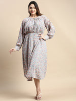 Women Bishop Grey Floral Fit and Flare Dress-8I-7059-Grey