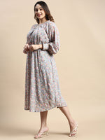 Women Bishop Grey Floral Fit and Flare Dress-8I-7059-Grey