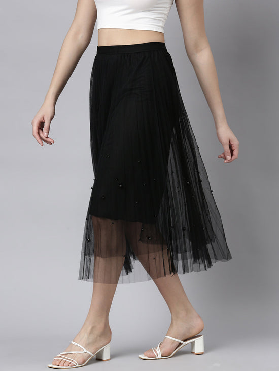 Women Solid Black Flared Midi Sheer Skirt-912-Black