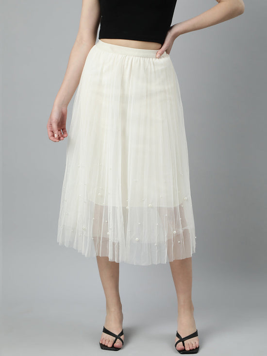 Women Solid Cream Flared Midi Sheer Skirt-912-Cream