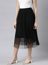 Women Solid Black Flared Midi Sheer Skirt-918-Black