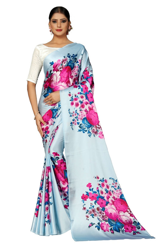 Avanshee Women's Latest Floral Printed Satin Saree With Unstiched Blouse-8002-BLUE