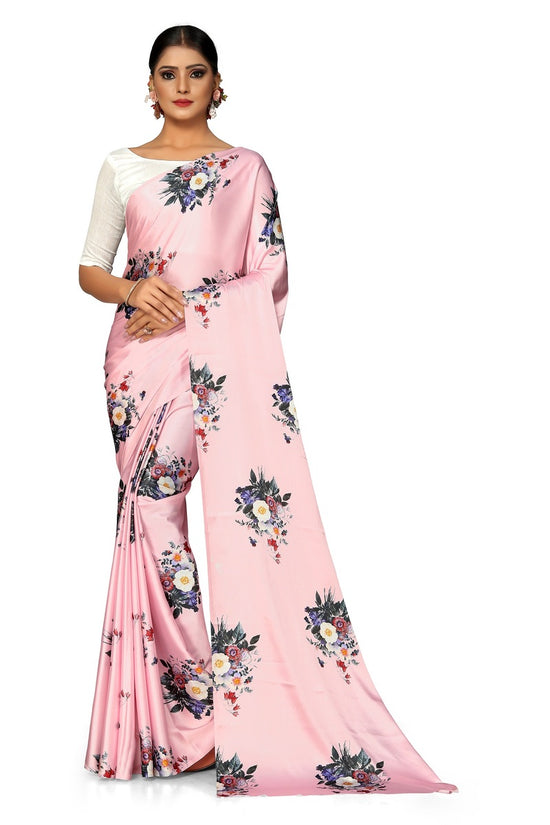 Avanshee Women's Latest Floral Printed Satin Saree With Unstiched Blouse-8002-PEACH-WHITE