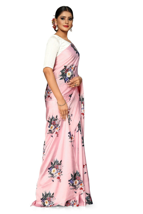 Avanshee Women's Latest Floral Printed Satin Saree With Unstiched Blouse-8002-PEACH-WHITE