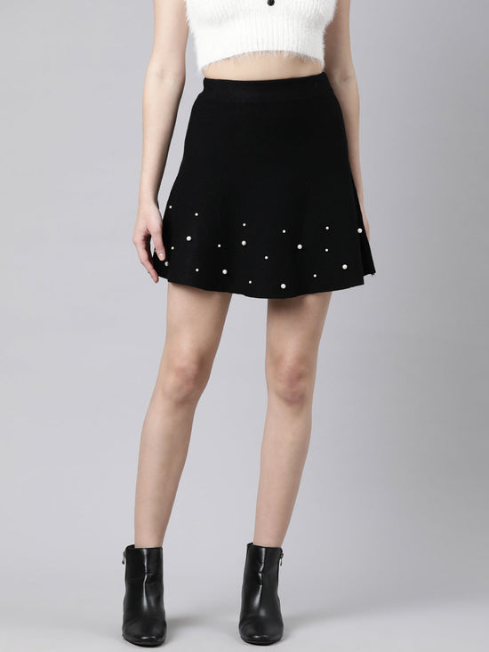 Women Solid Black Flared Mini Skirt-9610-Black