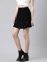 Women Solid Black Flared Mini Skirt-9610-Black