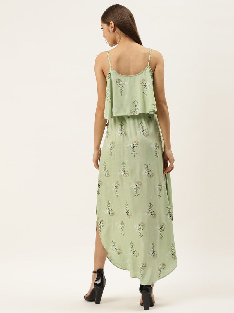 Printed Flare yoke with U hem long dress in pista green color