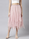 Women Solid Peach Flared Midi Skirt-982-Peach