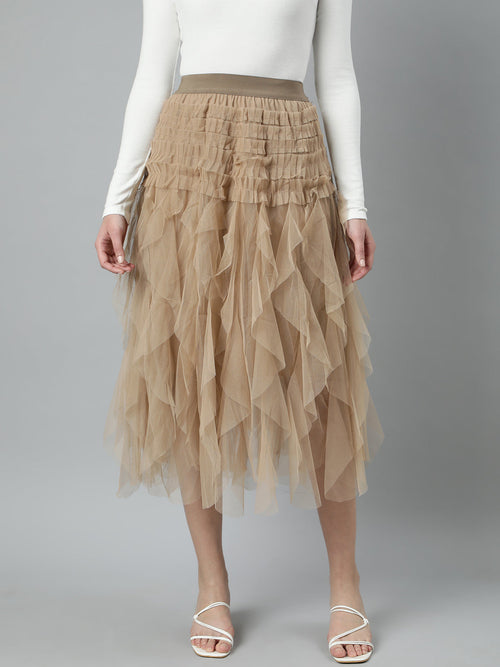 Women Solid Beige Flared Midi Skirt-9860-Beige