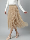 Women Solid Beige Flared Midi Skirt-9860-Beige