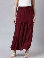 Women Solid Maroon Tiered Maxi Skirt-9925-Maroon