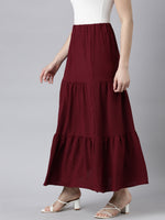 Women Solid Maroon Tiered Maxi Skirt-9925-Maroon