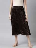 Women Solid Brown Flared Midi Skirt-9968-Brown