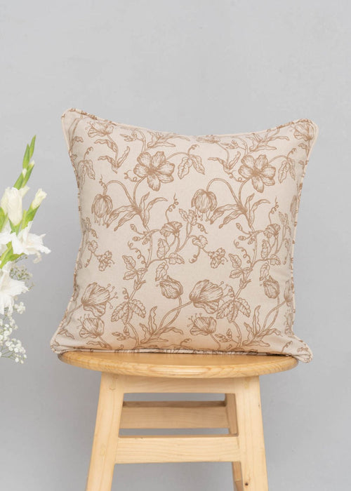 French Farmhouse 100% cotton floral cushion cover for sofa with self piping - Beige-230451034