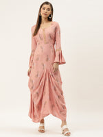 Bell sleeve printed long dress with front drape in dusty pink