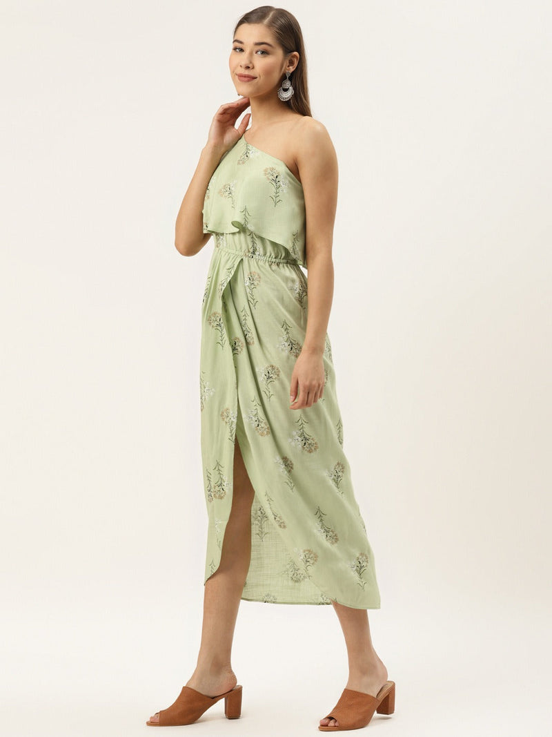 One Shoulder yoke overlap printed dress in pista green