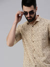 Men Spread Collar Printed Beige Shirt-A2Bprint-918-Beige