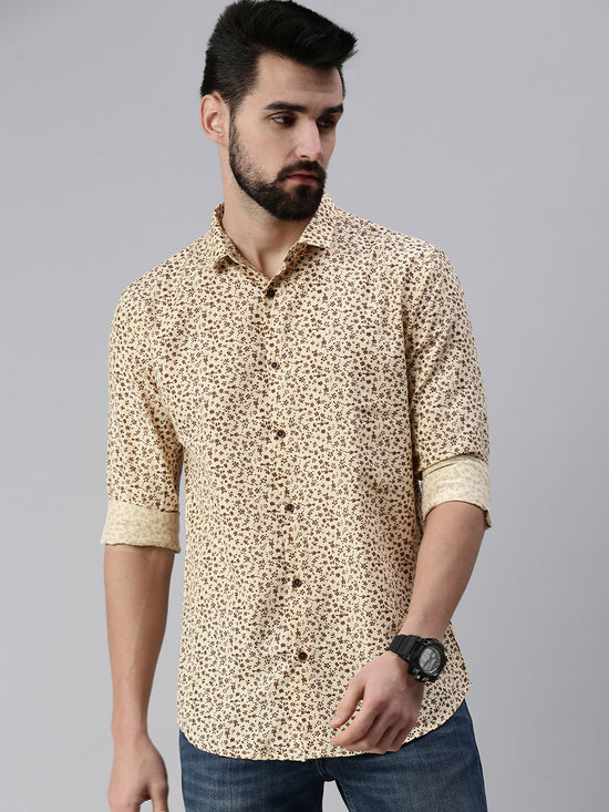 Men Spread Collar Printed Beige Shirt-A2Bprint-918-Beige