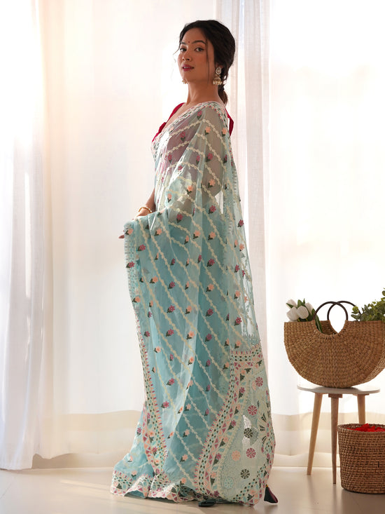 Saree Mall Women's Net Light Blue Embroidered Designer Saree With Blouse Piece-AAVYA3302