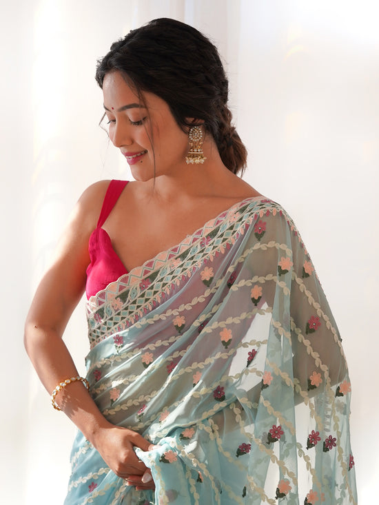 Saree Mall Women's Net Light Blue Embroidered Designer Saree With Blouse Piece-AAVYA3302