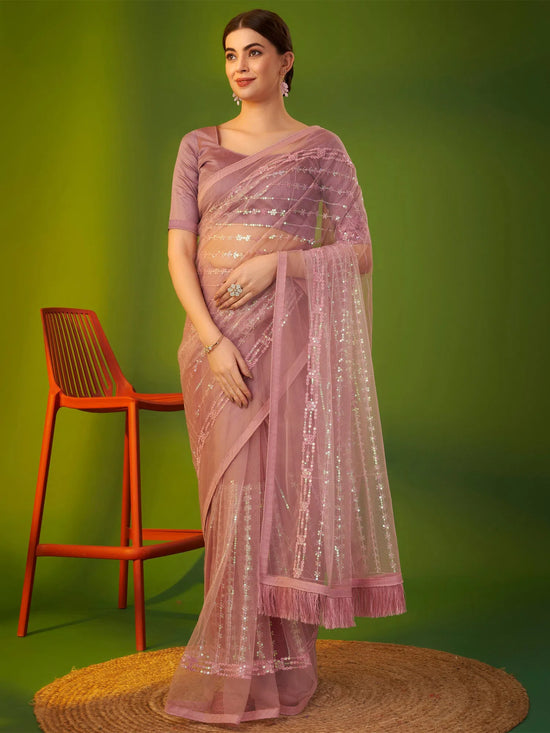 Saree Mall Women's Net Mauve Embellished Designer Saree With Blouse Piece-AAVYA3501