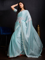 Saree Mall Women's Organza Light Blue Embellished Designer Saree With Blouse Piece-AAVYA3601