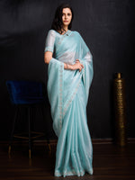 Saree Mall Women's Organza Light Blue Embellished Designer Saree With Blouse Piece-AAVYA3601