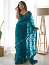 Saree Mall Women's Net Teal Blue Embellished Designer Saree With Blouse Piece-AAVYA4601