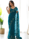 Saree Mall Women's Net Teal Blue Embellished Designer Saree With Blouse Piece-AAVYA4601