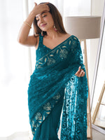 Saree Mall Women's Net Teal Blue Embellished Designer Saree With Blouse Piece-AAVYA4601