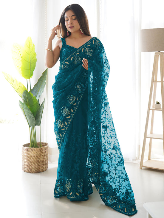 Saree Mall Women's Net Teal Blue Embellished Designer Saree With Blouse Piece-AAVYA4601