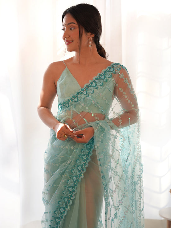 Saree Mall Women's Net Light Blue Embellished Designer Saree With Blouse Piece-AAVYA4801