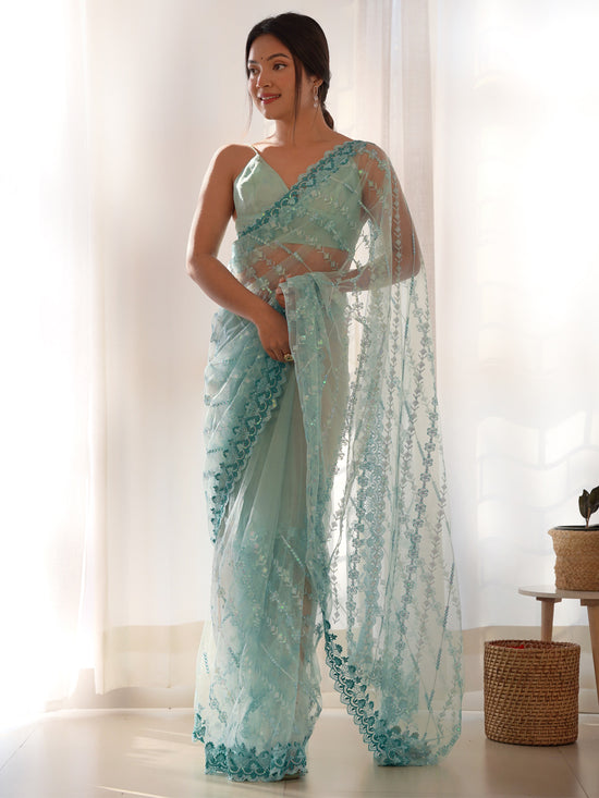 Saree Mall Women's Net Light Blue Embellished Designer Saree With Blouse Piece-AAVYA4801