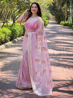 Saree Mall Women's Tissue Pink Embellished Designer Saree With Blouse Piece-AAVYA5303