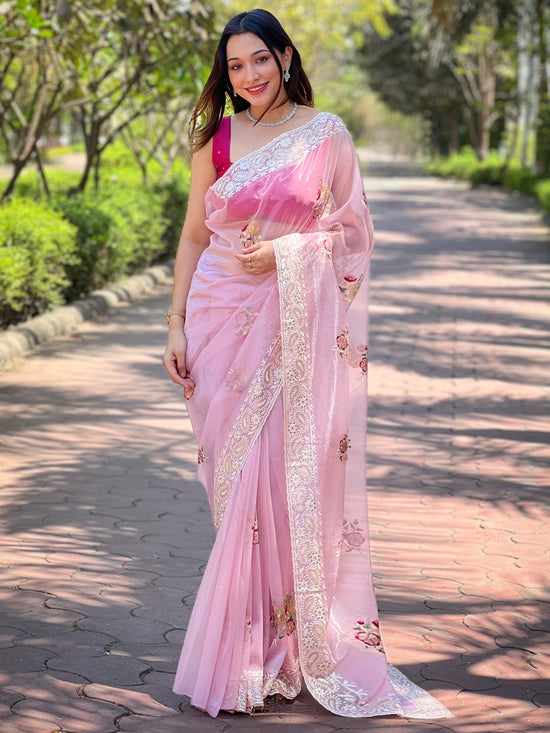 Saree Mall Women's Tissue Pink Embellished Designer Saree With Blouse Piece-AAVYA5303