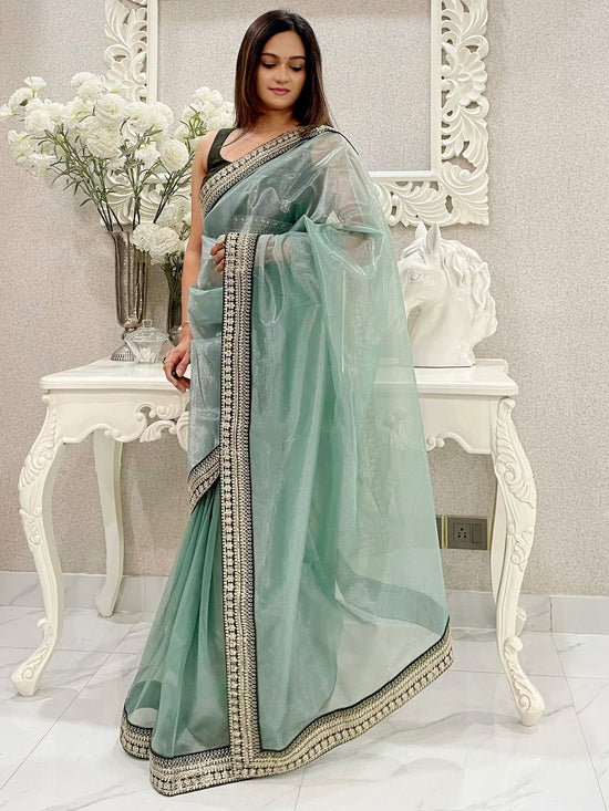 Saree Mall Women's Net Sea Green Embellished Designer Saree With Blouse Piece-AAVYA5403