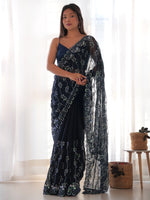 Saree Mall Women's Georgette Navy Blue Embellished Designer Saree With Blouse Piece-AAVYA5501