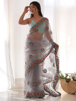 Saree Mall Women's Net Grey Embellished Designer Saree With Blouse Piece-AAVYA5601