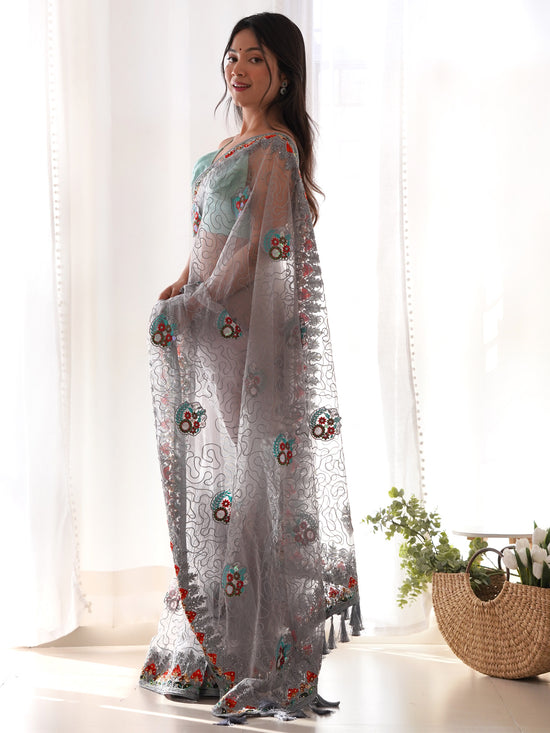 Saree Mall Women's Net Grey Embellished Designer Saree With Blouse Piece-AAVYA5601