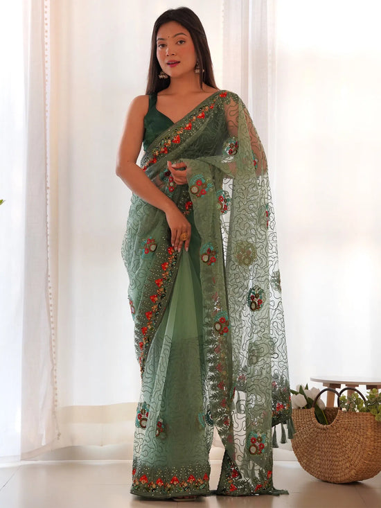 Saree Mall Women's Net Light Green Embellished Designer Saree With Blouse Piece-AAVYA5602