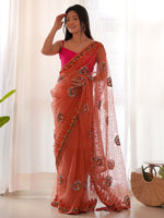 Saree Mall Women's Net Orange Embellished Designer Saree With Blouse Piece-AAVYA5603