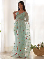 Saree Mall Women's Organza Light Blue Embellished Designer Saree With Blouse Piece-AAVYA5701