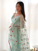 Saree Mall Women's Organza Light Blue Embellished Designer Saree With Blouse Piece-AAVYA5701