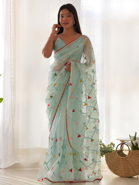 Saree Mall Women's Organza Light Blue Embellished Designer Saree With Blouse Piece-AAVYA5701