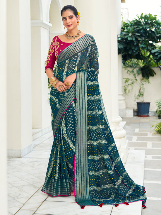 Saree Mall Women's Chiffon Teal Blue Embellished Designer Saree With Blouse Piece-ABHIJET5039