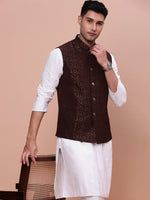 Men Woven Design Brown Slim Fit Nehru Jacket-AC-1147-Brown